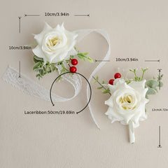 2pcs FANGSEN Artificial Rose Bridal Bouquets Bohemian Style with Lace Ribbon
