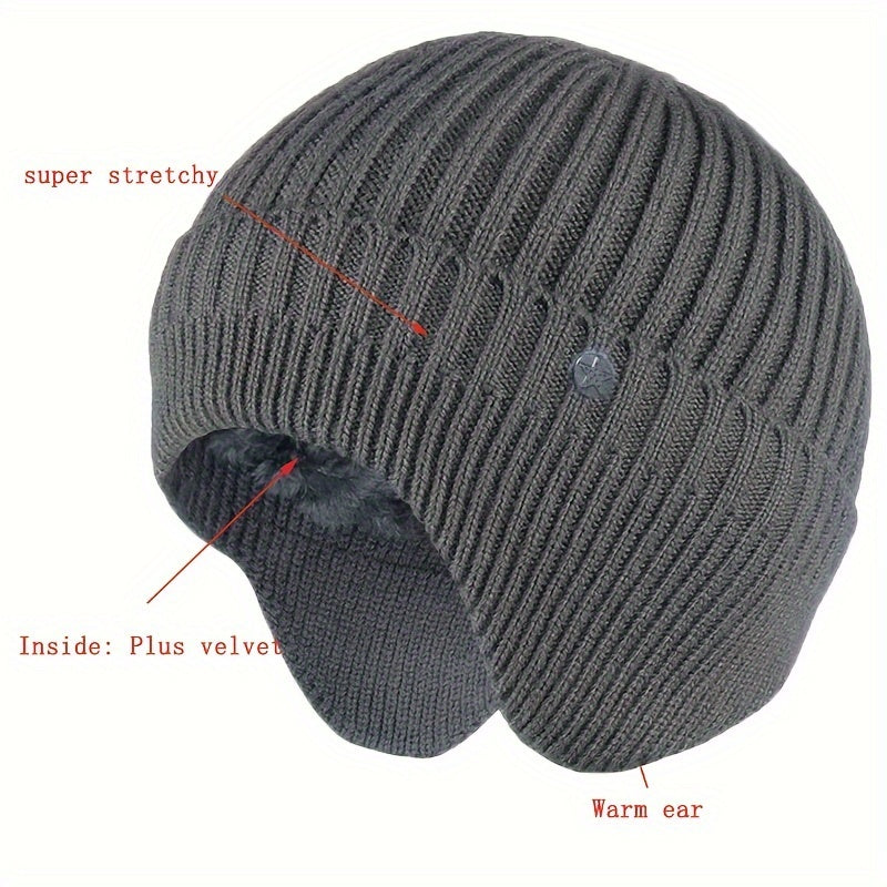Winter Velvet Knit Hat With Earflap Skull Warm Cap Beanie Hat