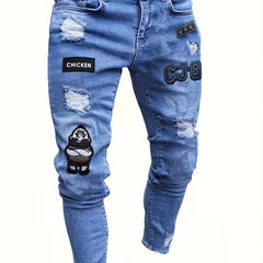 Men's Embroidery Slim Fit Ripped Jeans