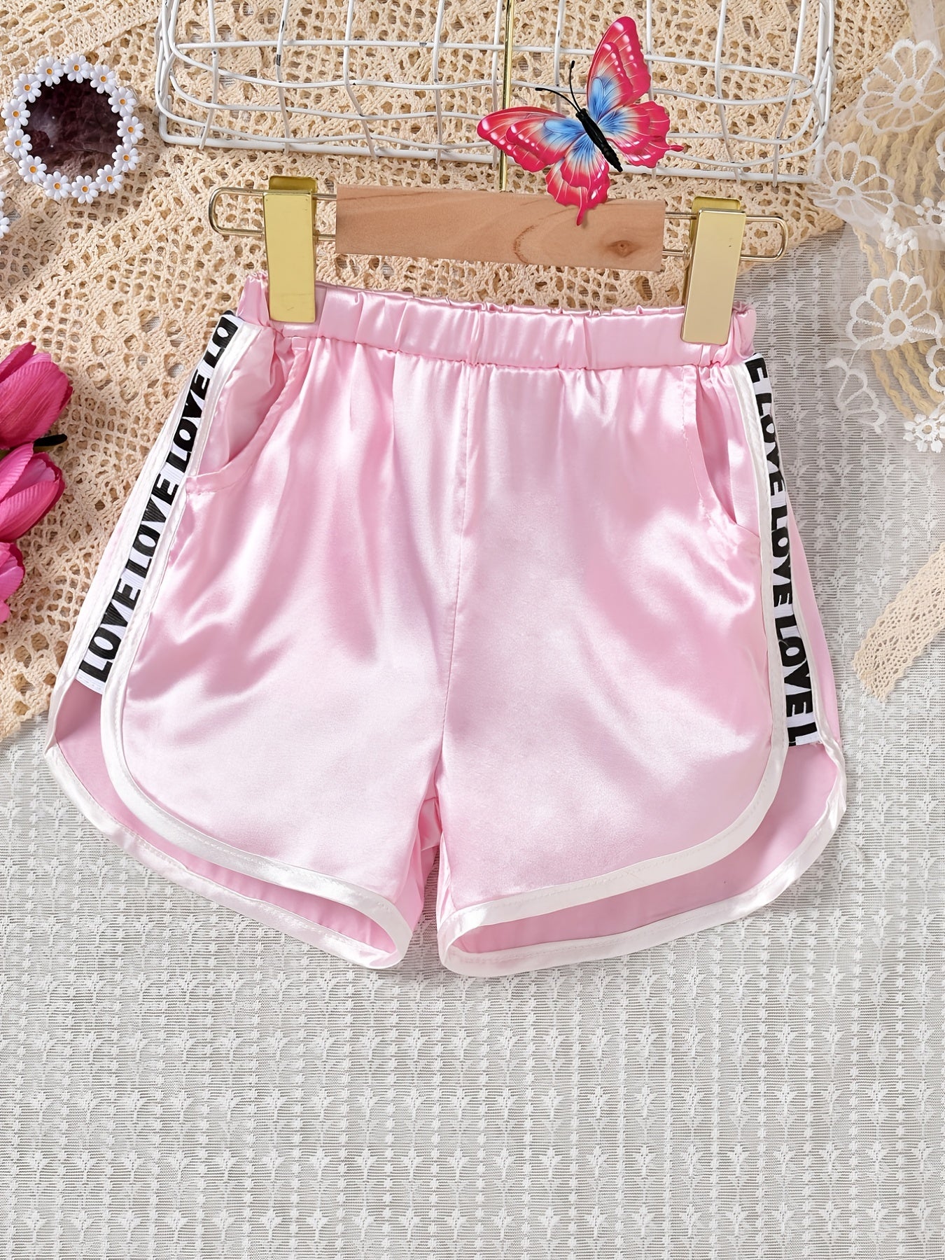 Girls Pink LOVE Print Patchwork Shorts Kids Summer Clothes