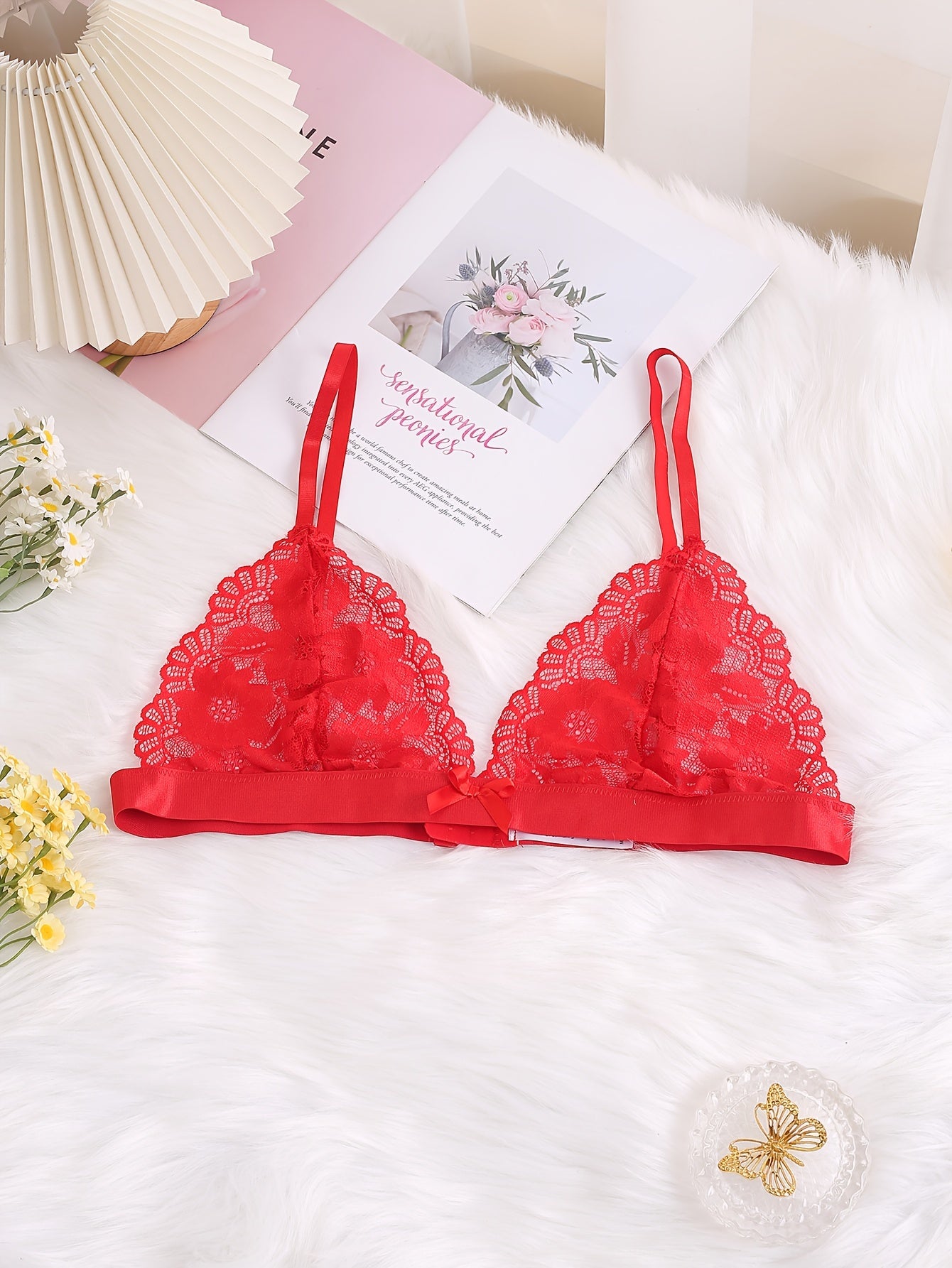 Floral Lace Scalloped Trim Bow Knot Triangle Bra Plus Size
