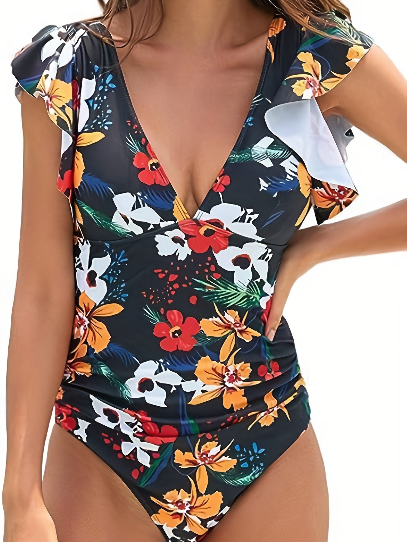 Floral Print Ruffle Sleeves One Piece Swimsuit Deep V Neck