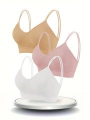 3pcs Solid Ribbed Wireless Bras Double Straps Lingerie