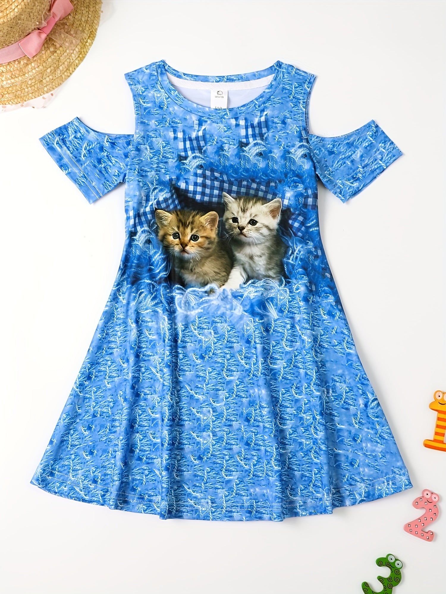 Girls 3D Kitty Graphic Cold Shoulder Dress Sweet Summer Gift