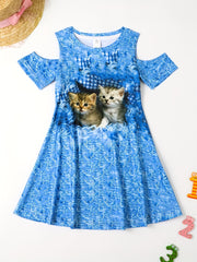 Girls 3D Kitty Graphic Cold Shoulder Dress Sweet Summer Gift