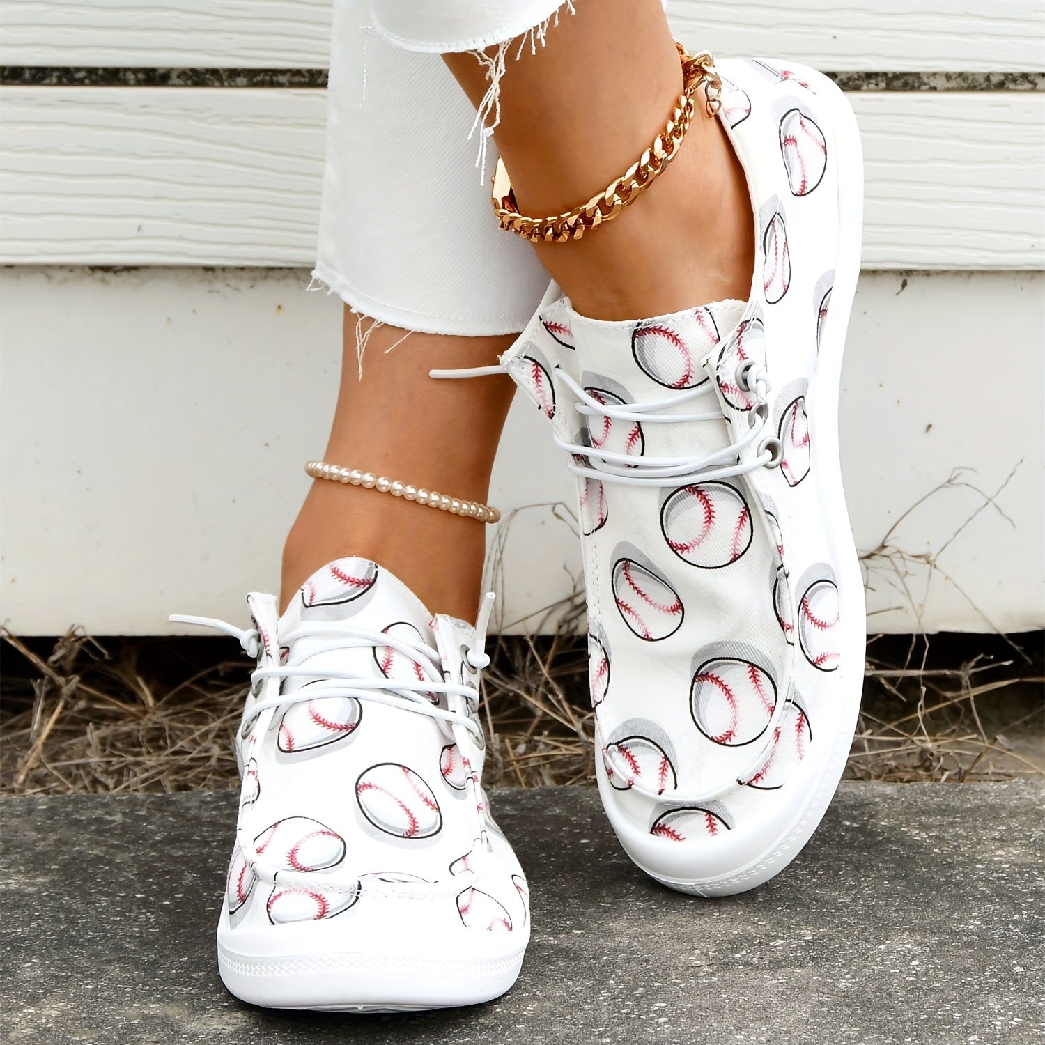 Baseball Print Canvas Shoes Women's Casual Lace Up Sneakers