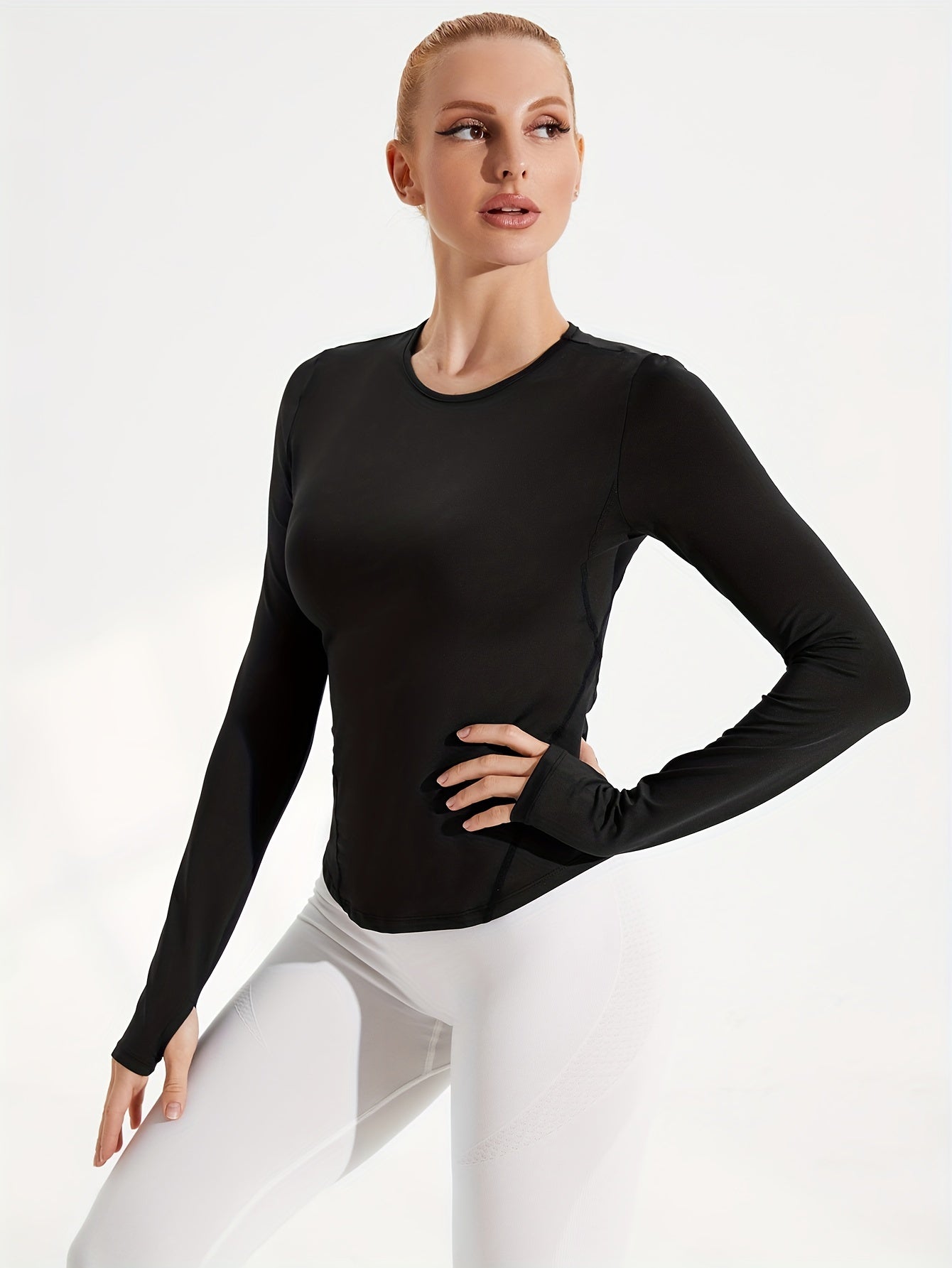 Women Basic Long Sleeve Solid Crew Neck Crop Tops