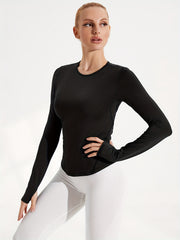 Women Basic Long Sleeve Solid Crew Neck Crop Tops