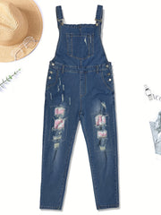 Retro Denim Overall Women's Plus Floral Patched Ripped Straight Leg