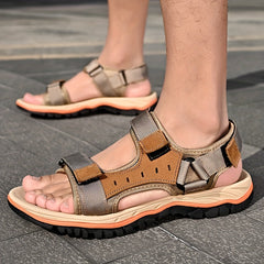 Men's Vintage Leather Slide Sandals Hook and loop Summer Walking Shoes