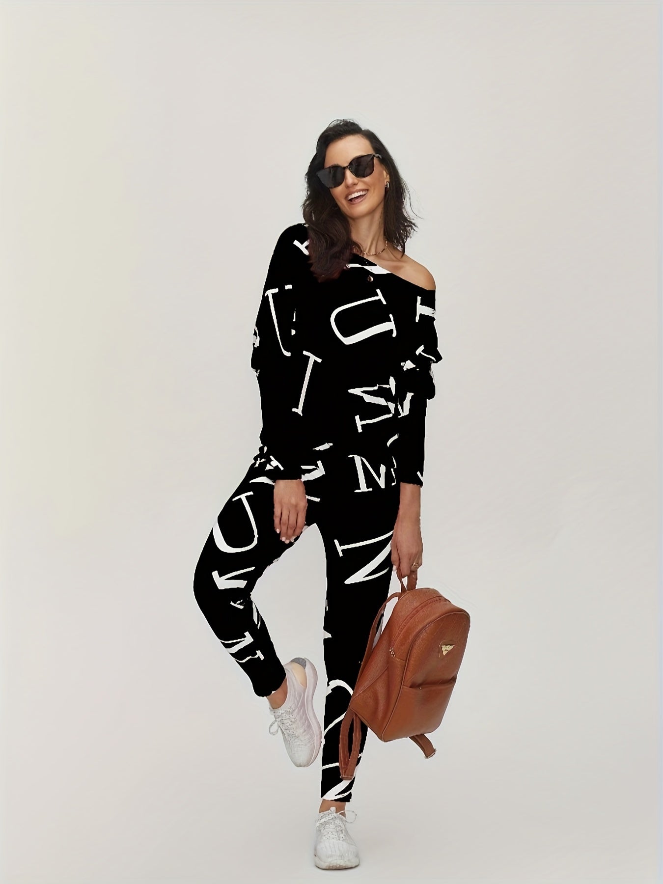 Casual Two Piece Set Long Sleeve Crew Neck Tops & Slim Pants