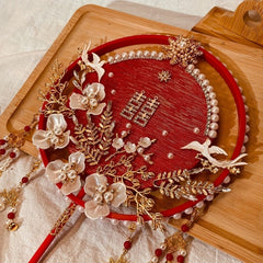 Chinese Wedding Golden Red Fan with Faux Pearl Flower Pendant