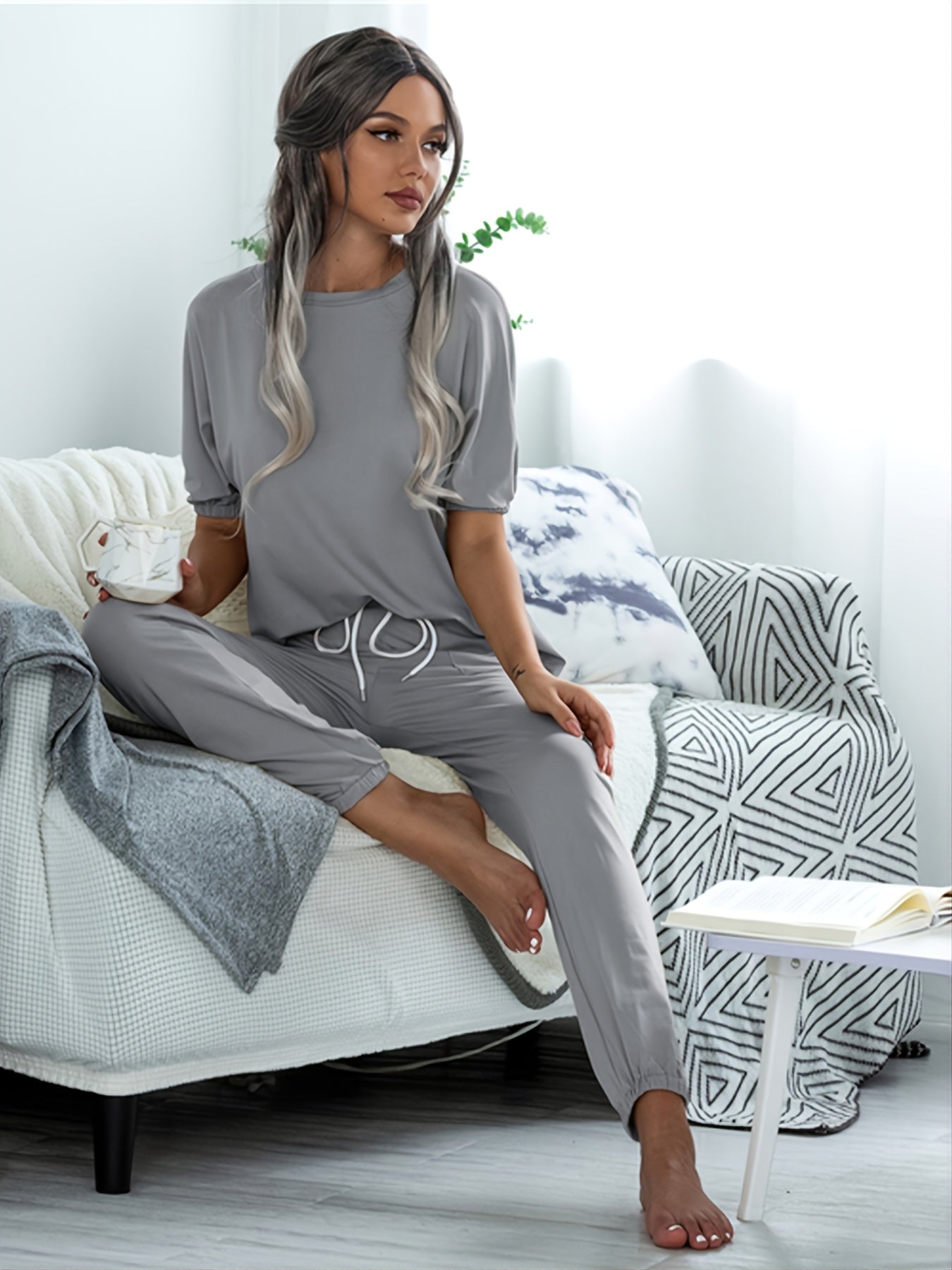 Solid Two piece Set Puff Sleeves & Drawstring Waist Pants Set