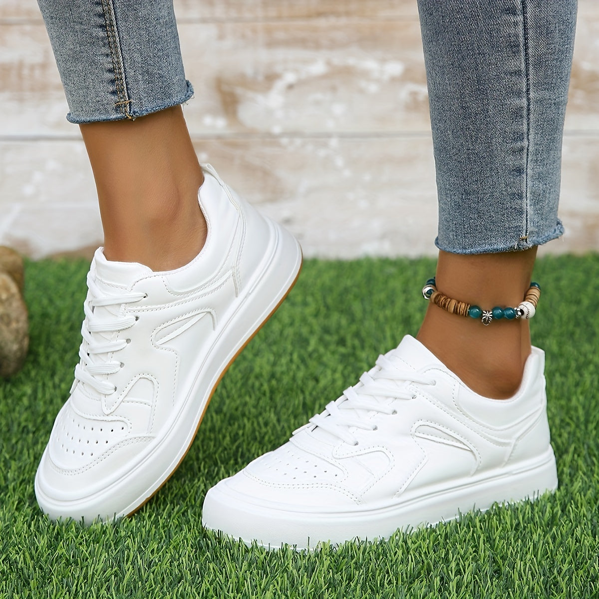 Women's Solid Flat Lace Up Sport Shoes Breathable Non slip Outdoor Board Shoes