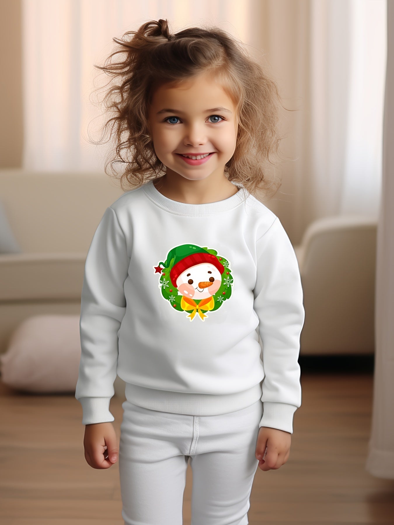 Cartoon Snowman Print Long Sleeve Sweatshirt Girls Pullover