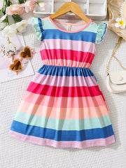 Kid Girls Rainbow Striped Princess Party Dress