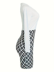 Geometric Print Surplice Neck Dress Long Sleeve Bodycon Dress