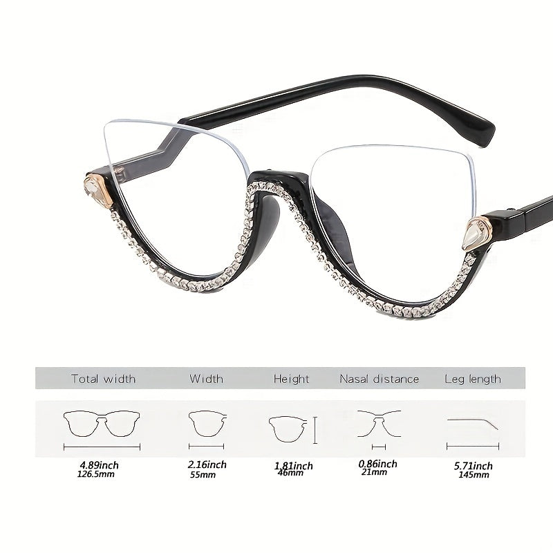 Cat Eye Clear Lens Glasses Rhinestone Decor Semi Rimless Party Glasses