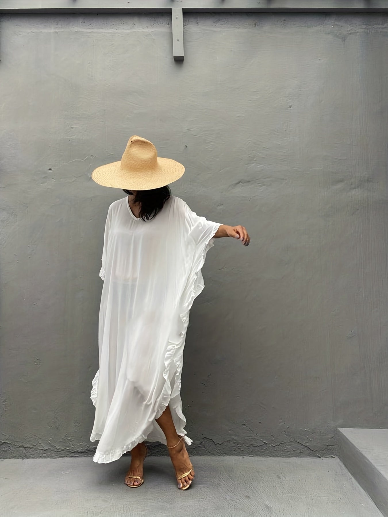 Ruffle Trim Bat Sleeve Cover Up Dress