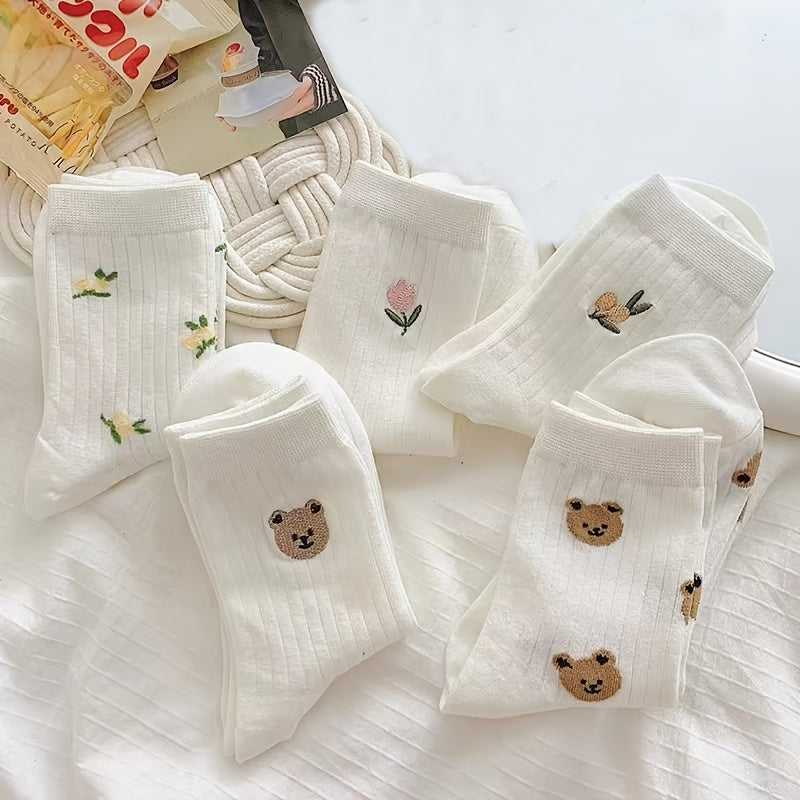 5 Pairs Cartoon Bear Mid tube Socks Women's Stockings