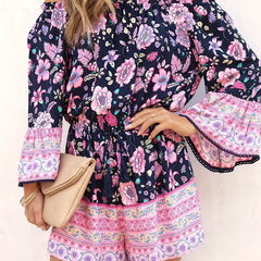 Off Shoulder Floral Print Romper Boho Long Sleeve Jumpsuit