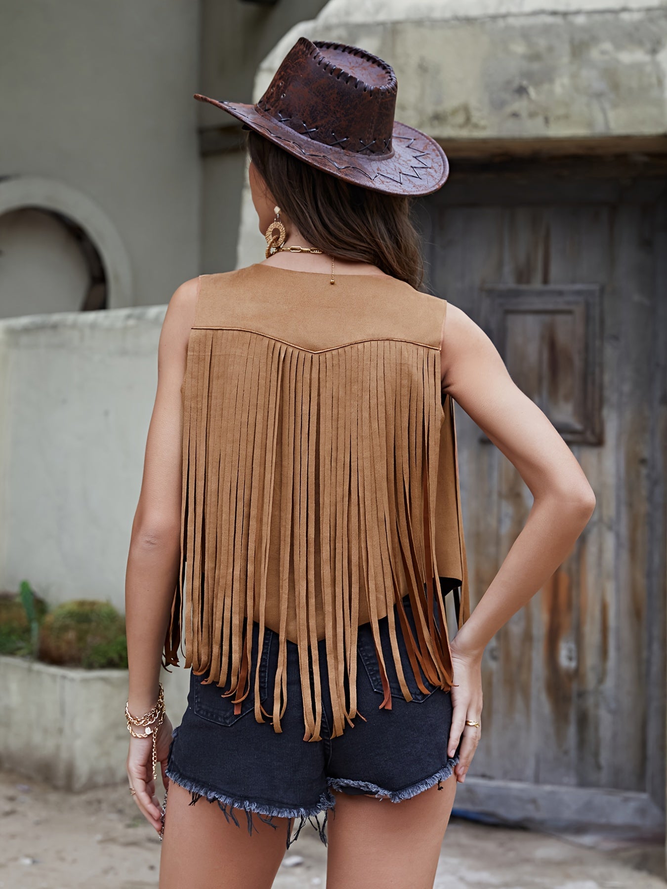 Western Hollow Out Fringe Trim Vest Jacket Casual Sleeveless Open Front Vest