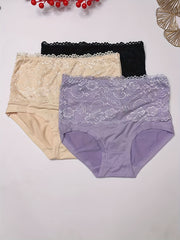 3pcs Lace Jacquard Briefs High Waist Panties Women's Lingerie