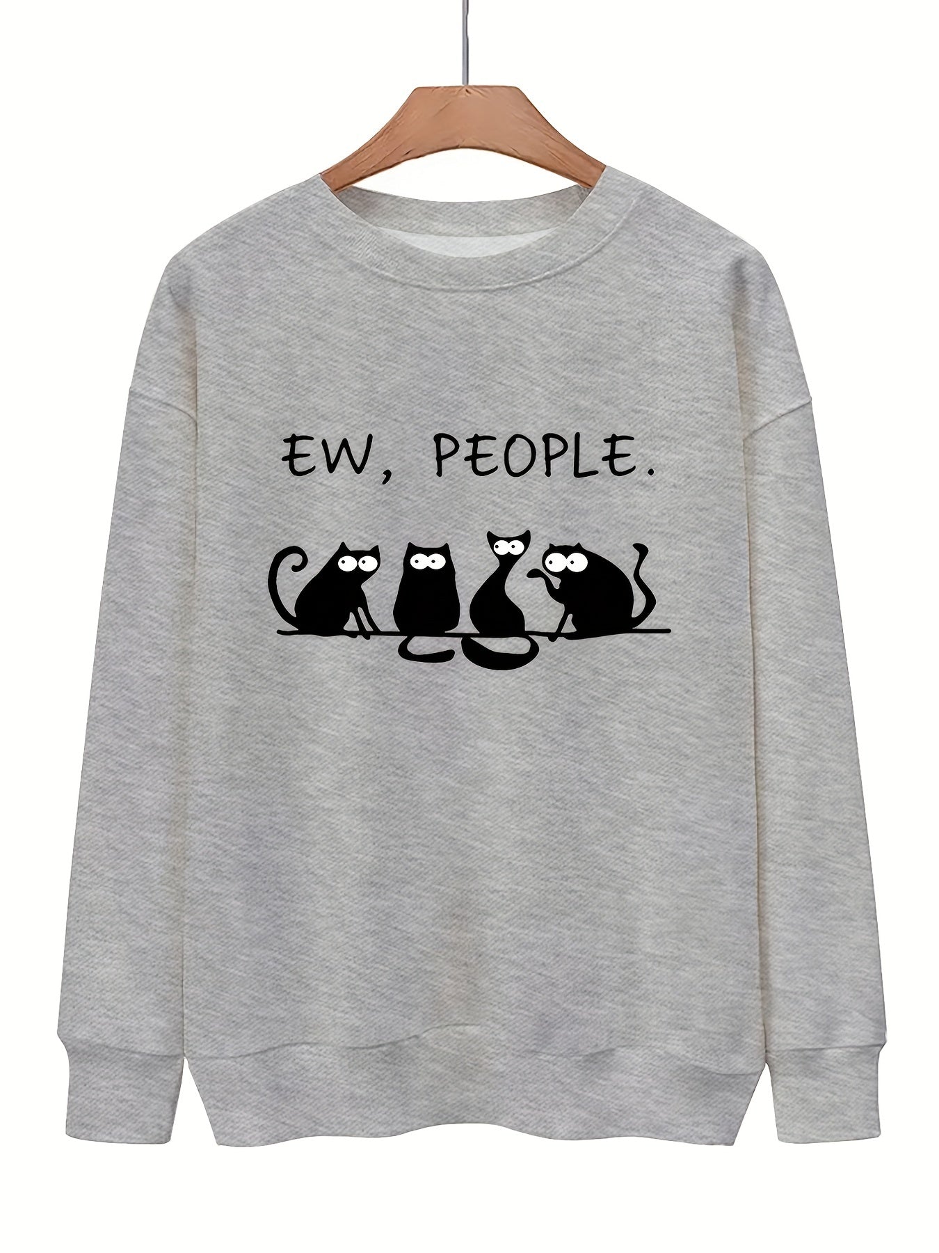 Cat & Letter Print Crew Neck Sweatshirt for Fall & Winter