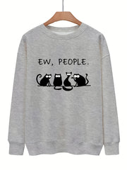 Cat & Letter Print Crew Neck Sweatshirt for Fall & Winter