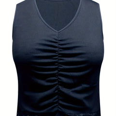 Sexy Tank Top Solid Ruched Lace Trim V Neck Medium Stretch Crop