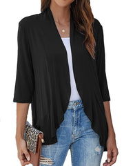 Casual Cardigan Women's Plus Solid Three Quarter Sleeve Ruffle Trim