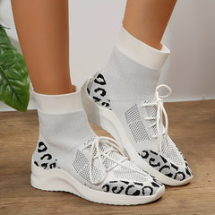 Leopard Print Sneaker Boots High Top Lace Up Ankle Boots