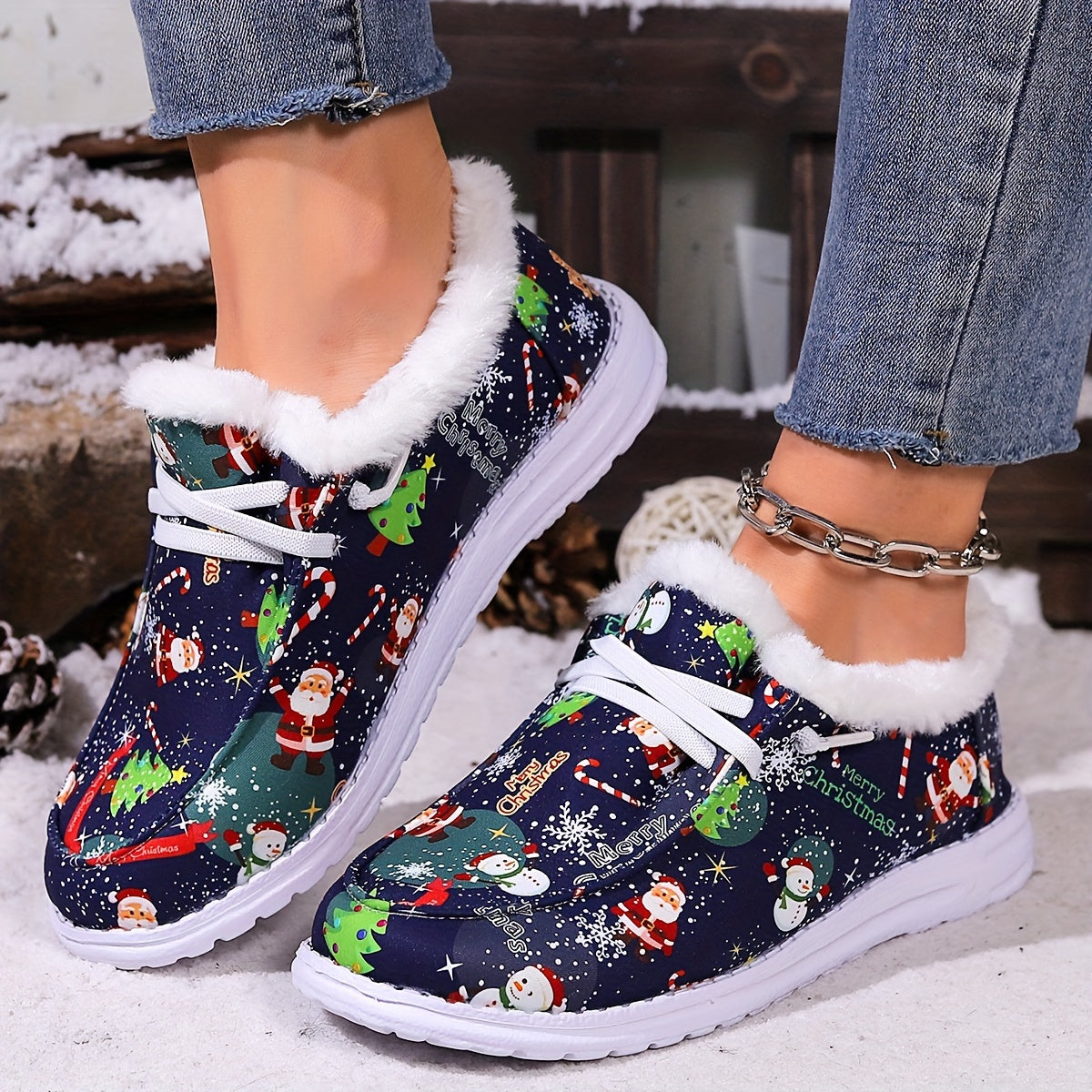 Women's Winter Christmas Snow Boots with Snowflakes Snowmen Santa Claus Pattern