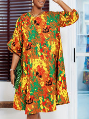 Abstract Print Dress Boho Keyhole Long Sleeve Women's Clothing
