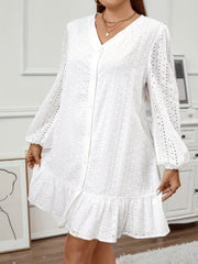 Solid Hollow Out Long Sleeve V Neck Button Up Dress