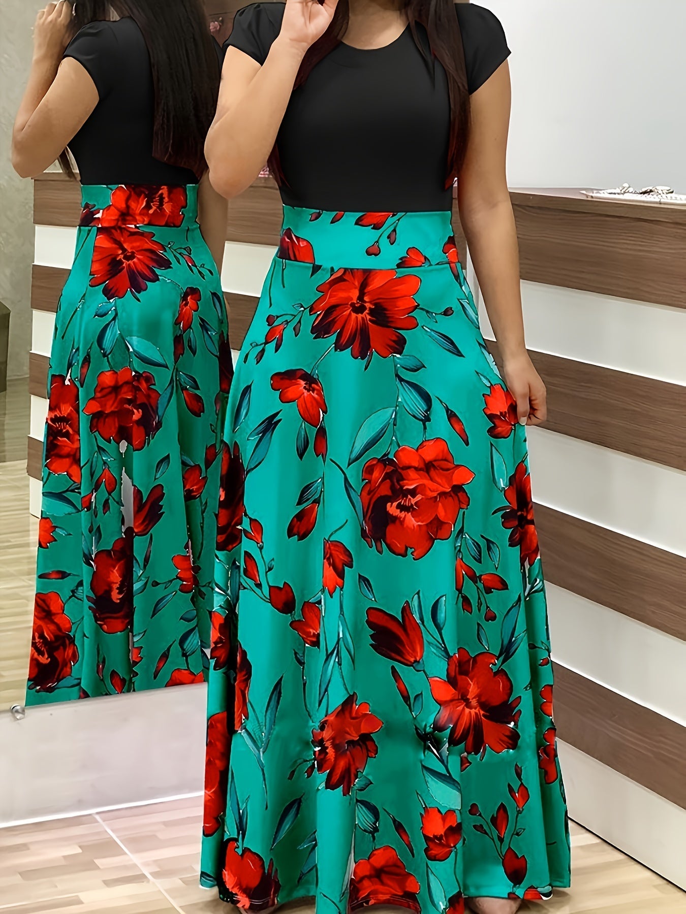 Casual Floral Print Dress Crew Neck Short Sleeve Dress