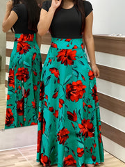 Casual Floral Print Dress Crew Neck Short Sleeve Dress