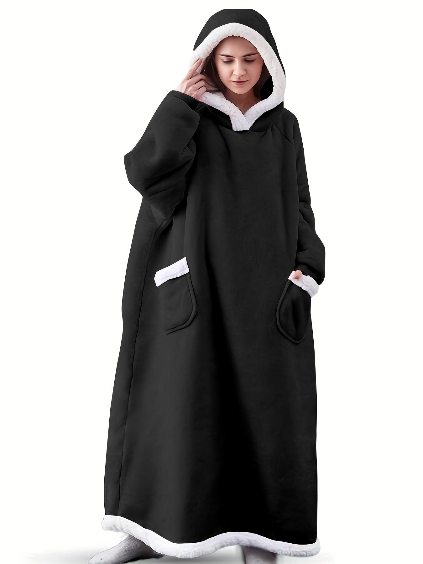 Hooded Fleece Lounge Robe with Pockets