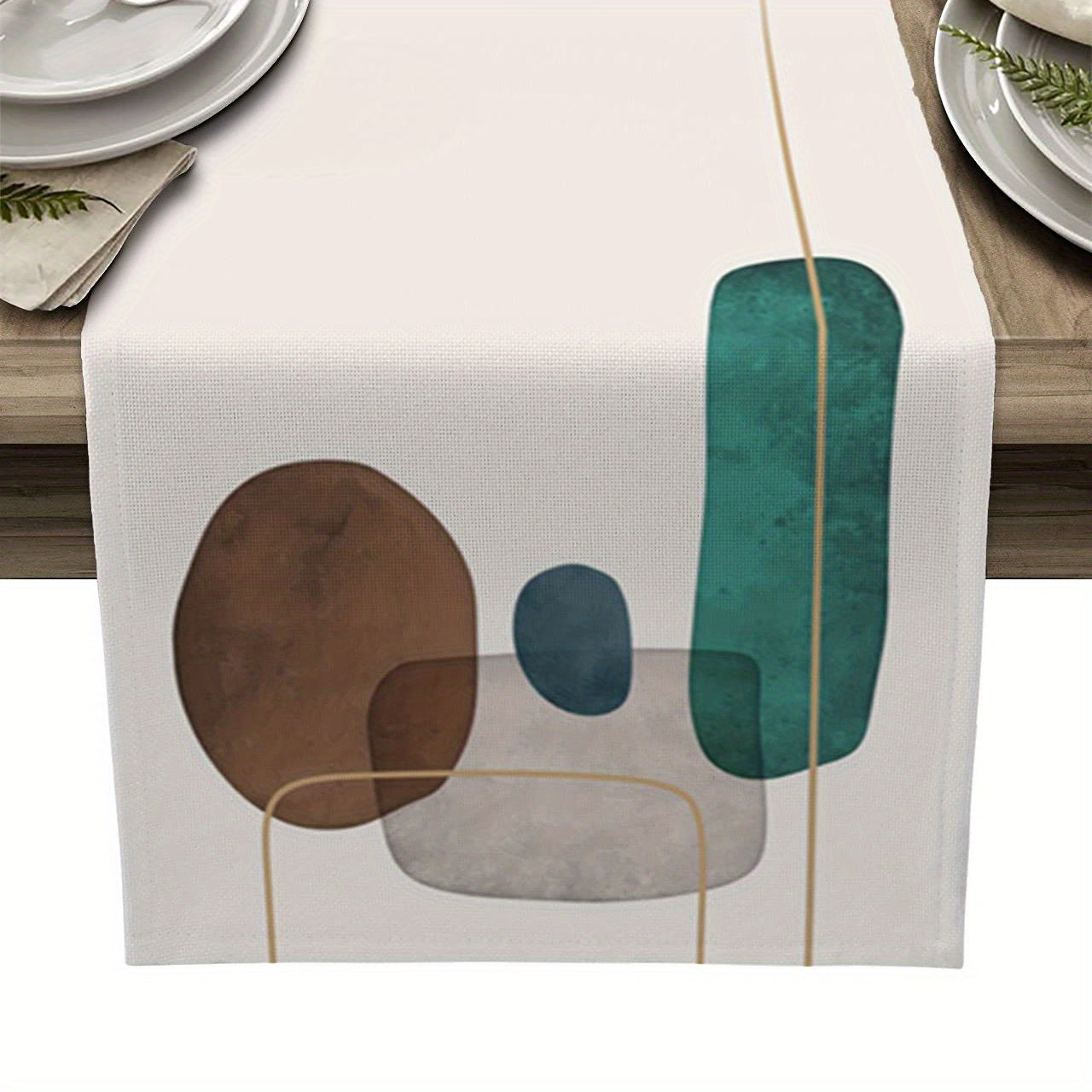 Mid Century Modern Colorful Geometry Linen Table Runner 13x72 Inch
