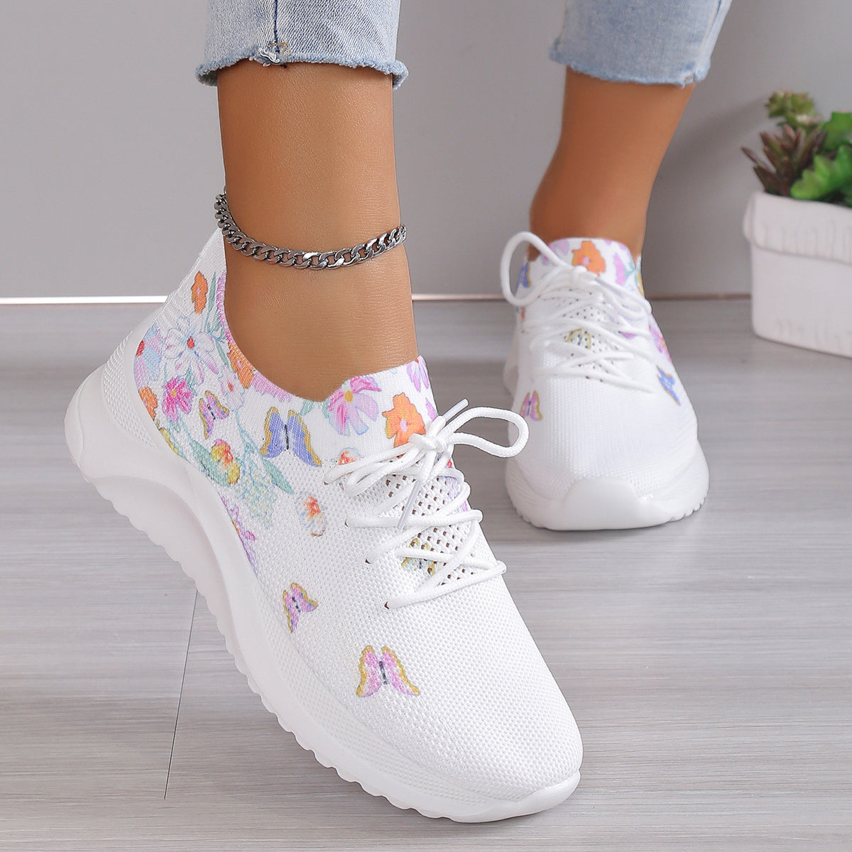 Butterfly Pattern Breathable Walking Shoes Soft Sole Non Slip Sneakers