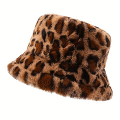 Leopard Print Plush Bucket Hat for Women