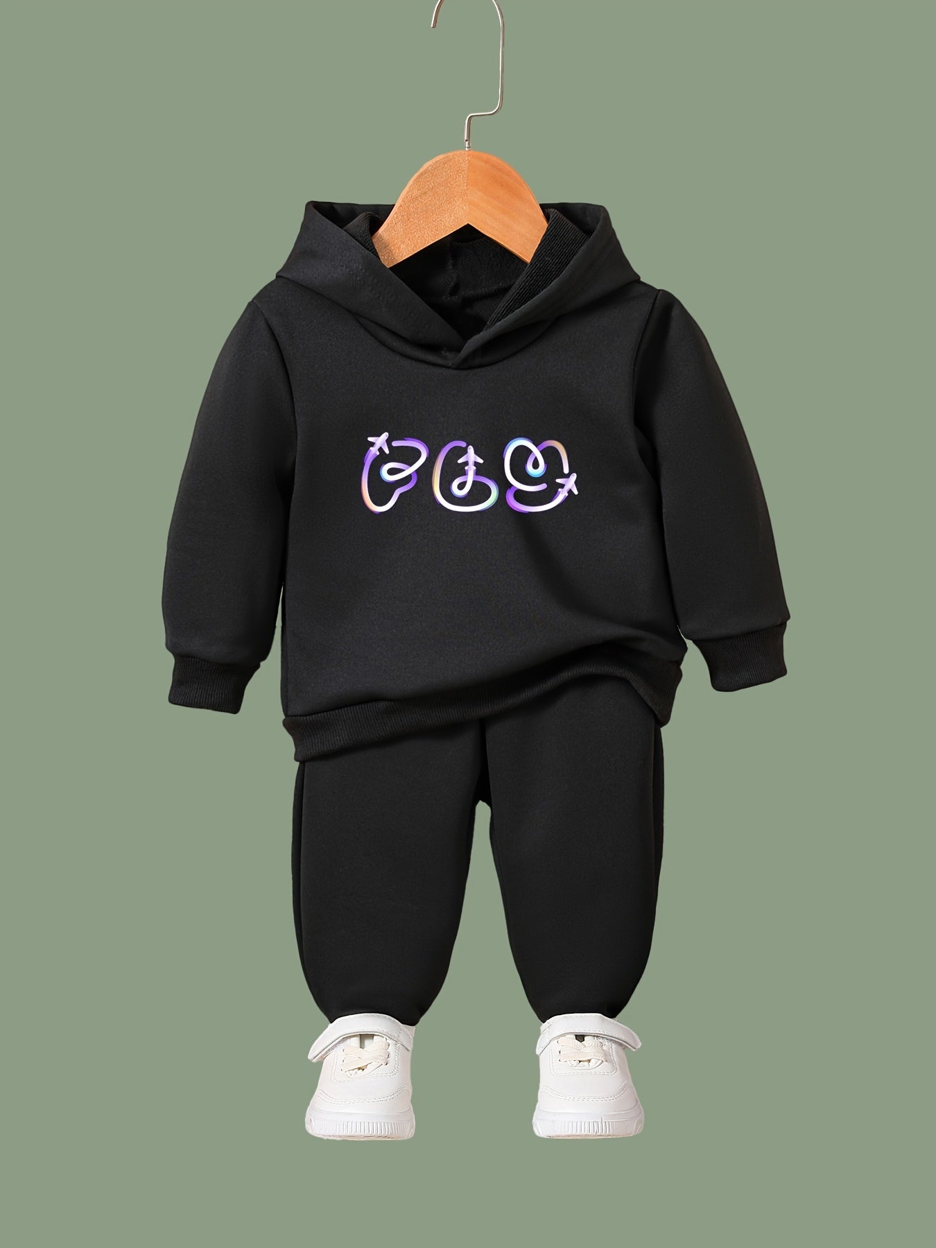 Creative Pattern Print Hooded Pullover Pants Set For Sports Spring Fall Gift