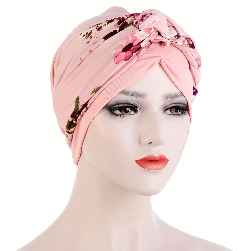 Leopard Flower Print Turban Cap Ramadan Braided Headwrap Head Scarf