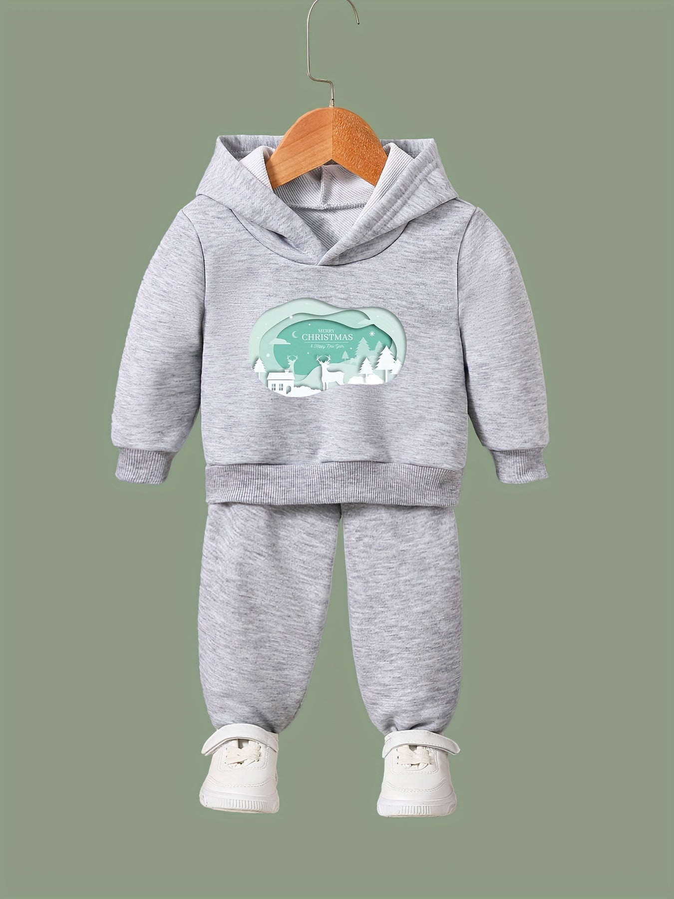 Girls 2pc Cartoon Christmas Scene Hooded Sweatshirt and Sweatpants Set