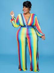 Rainbow Print Deep V Neck Wide Leg Jumpsuit Women's Plus High Stretch
