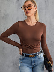 Solid Twist Front Long Sleeve Bodysuit Women's Clothing