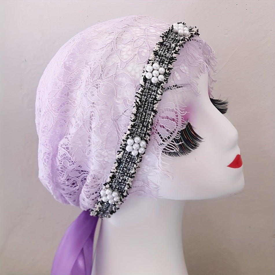 Women's Faux Pearl Lace Turban Cap Beanie