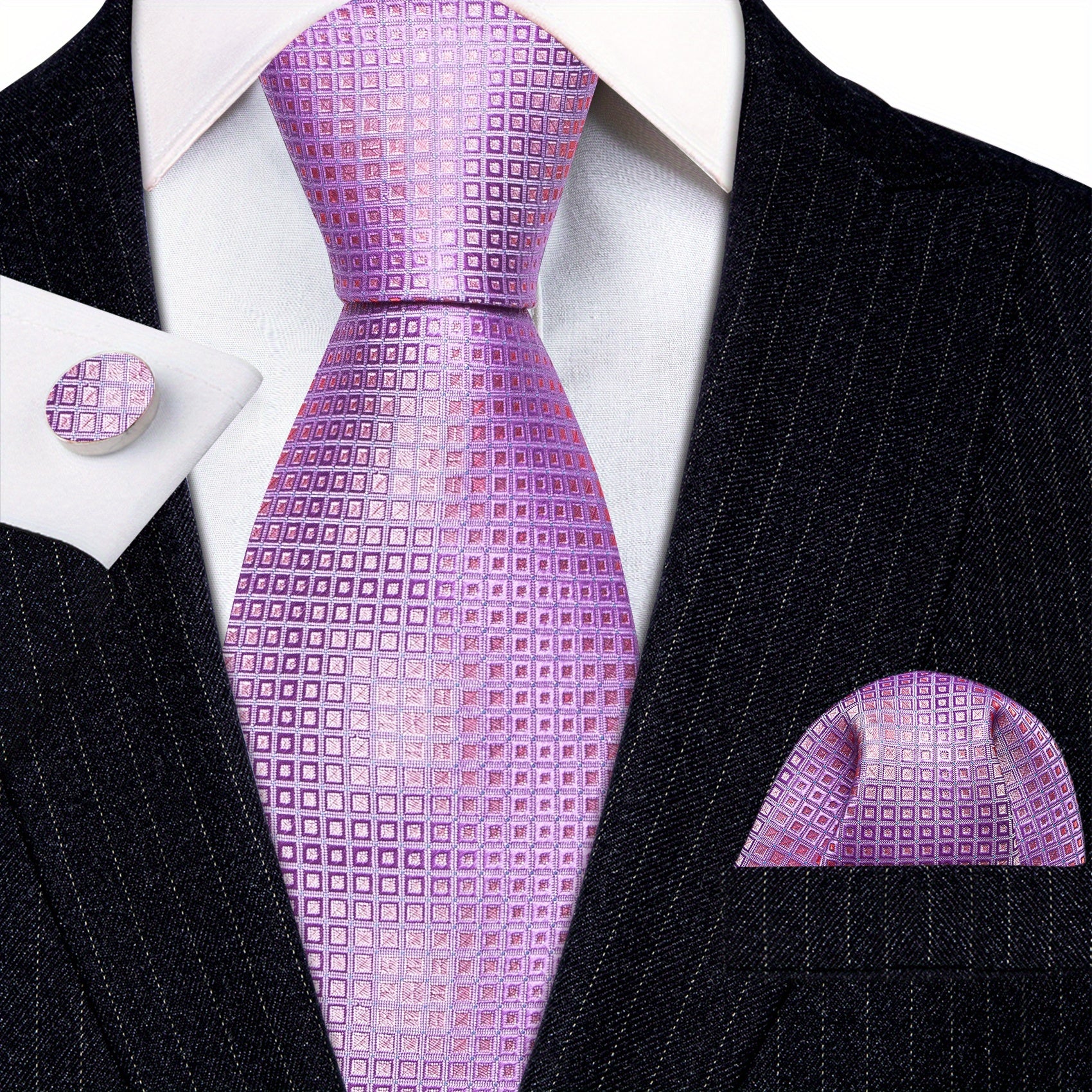 Barry Wang Men's Necktie Cufflinks Square Scarf Set Silk Plaid Pattern
