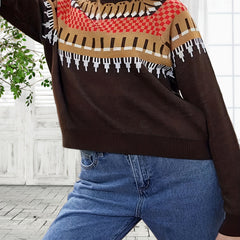 Geometric Print Round Neck Plus Size Sweater
