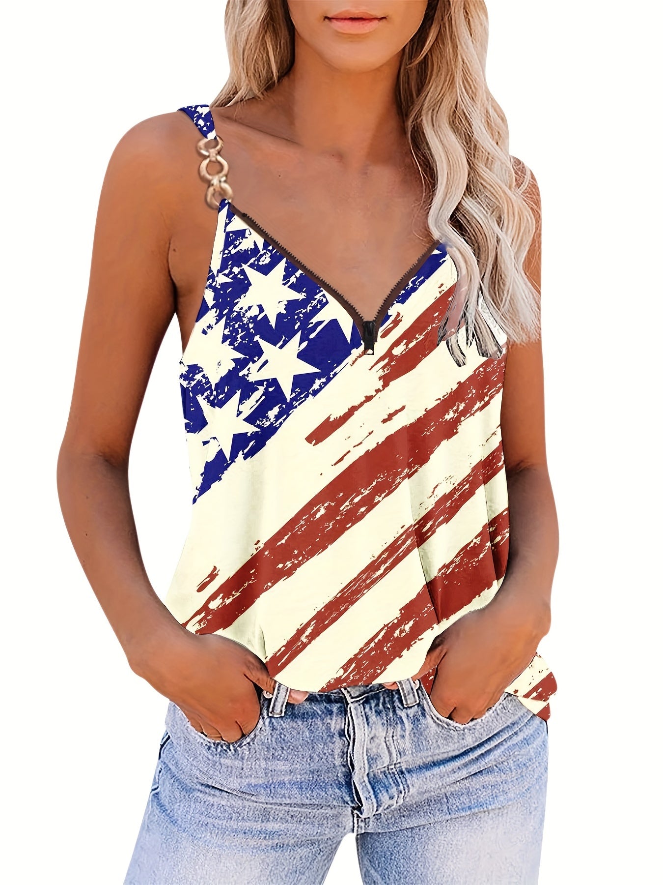 Plus Size Flag Print V Neck Cami Top Medium Stretch Independence Casual